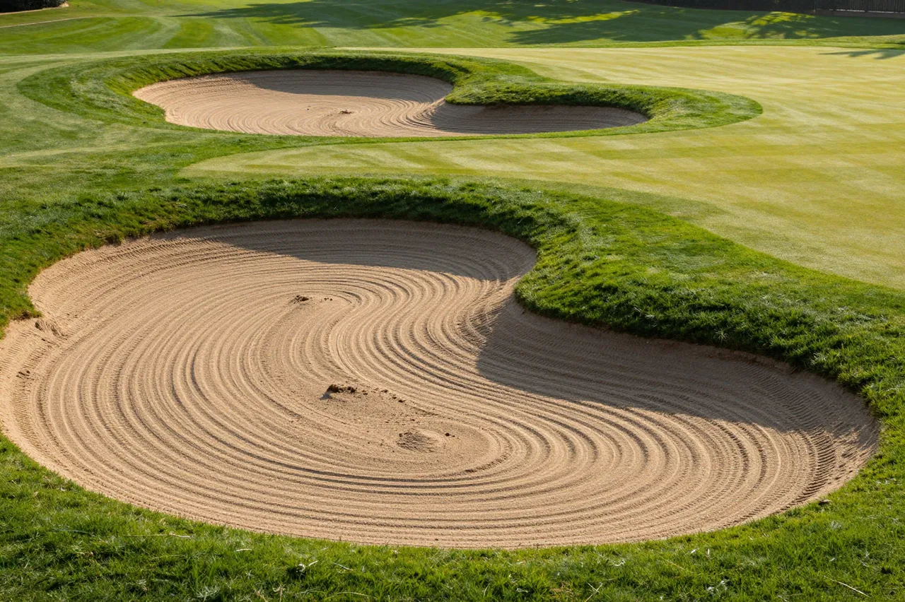 Raked sand golf bunkers sit beside a manicured putting green in warm early morning light