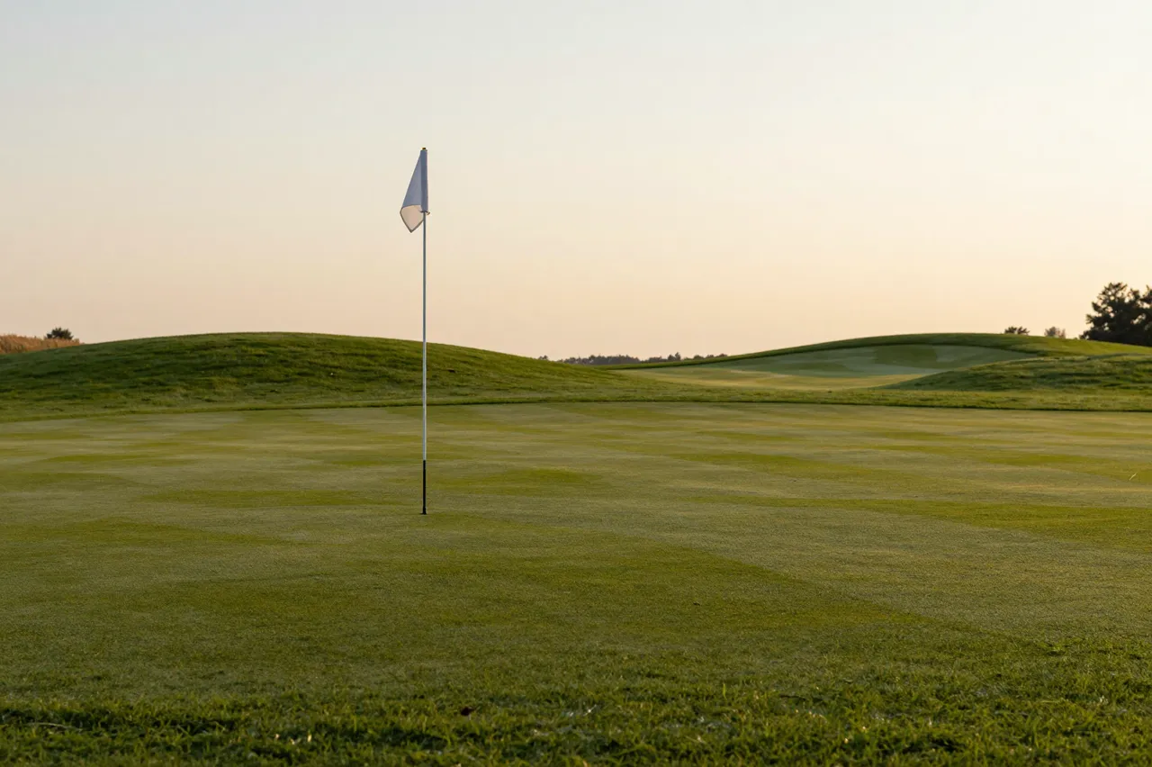 A golf putting green with a plain flag pin under a soft warm sunset sky