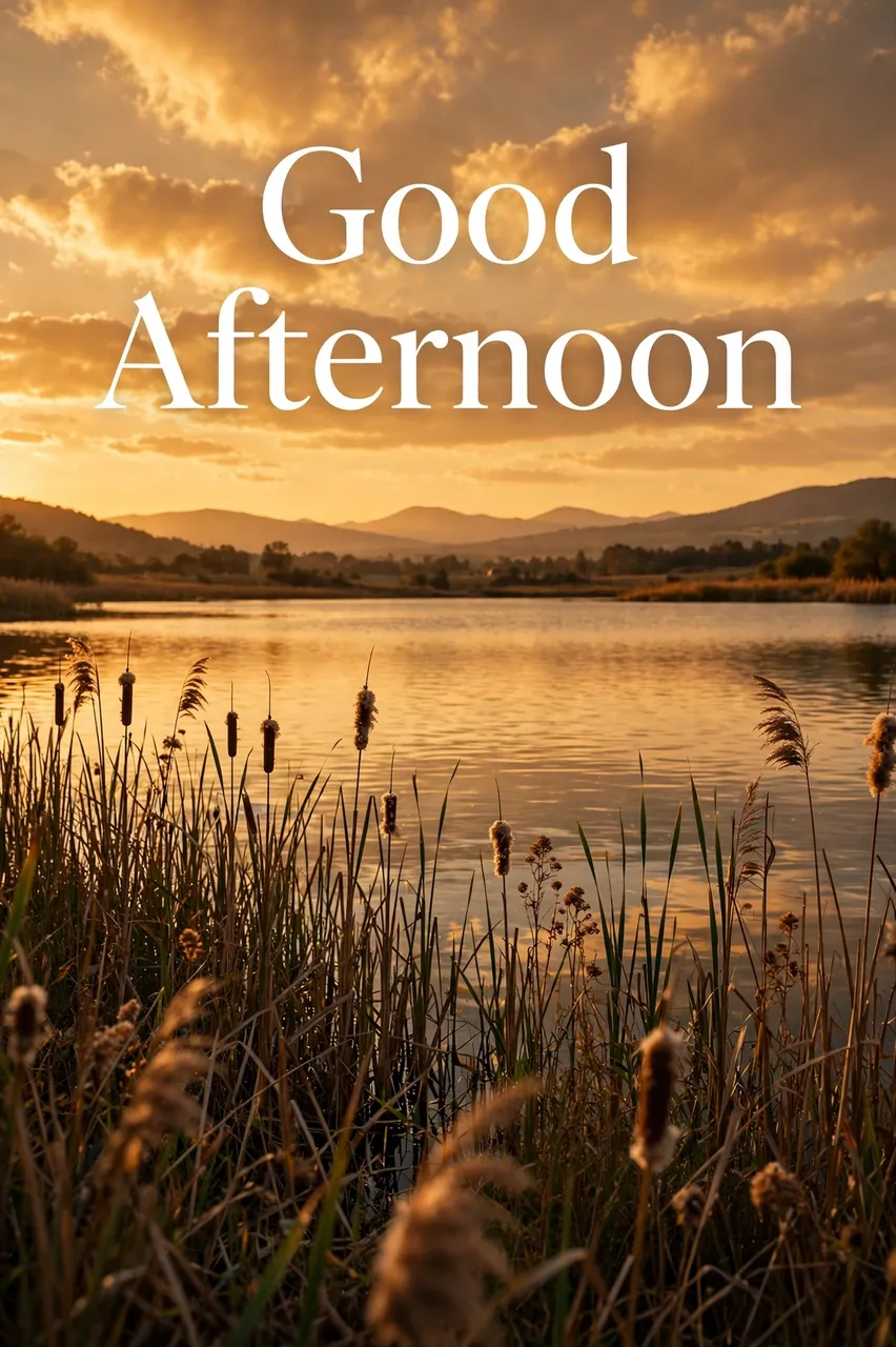 "Good Afternoon" text over a calm lake with foreground reeds at warm golden hour sunset