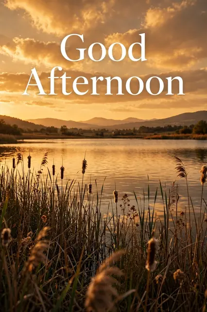 "Good Afternoon" text over a calm lake with foreground reeds at warm golden hour sunset