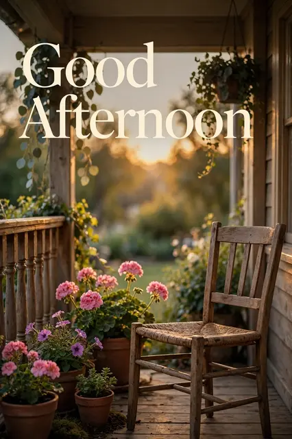 Cream serif text reading "Good Afternoon" over a wooden porch with potted flowers in warm golden evening light