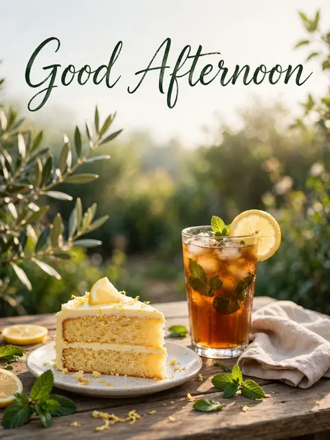 "Good Afternoon" text above a lemon cake slice and iced tea on a sunlit garden wooden table