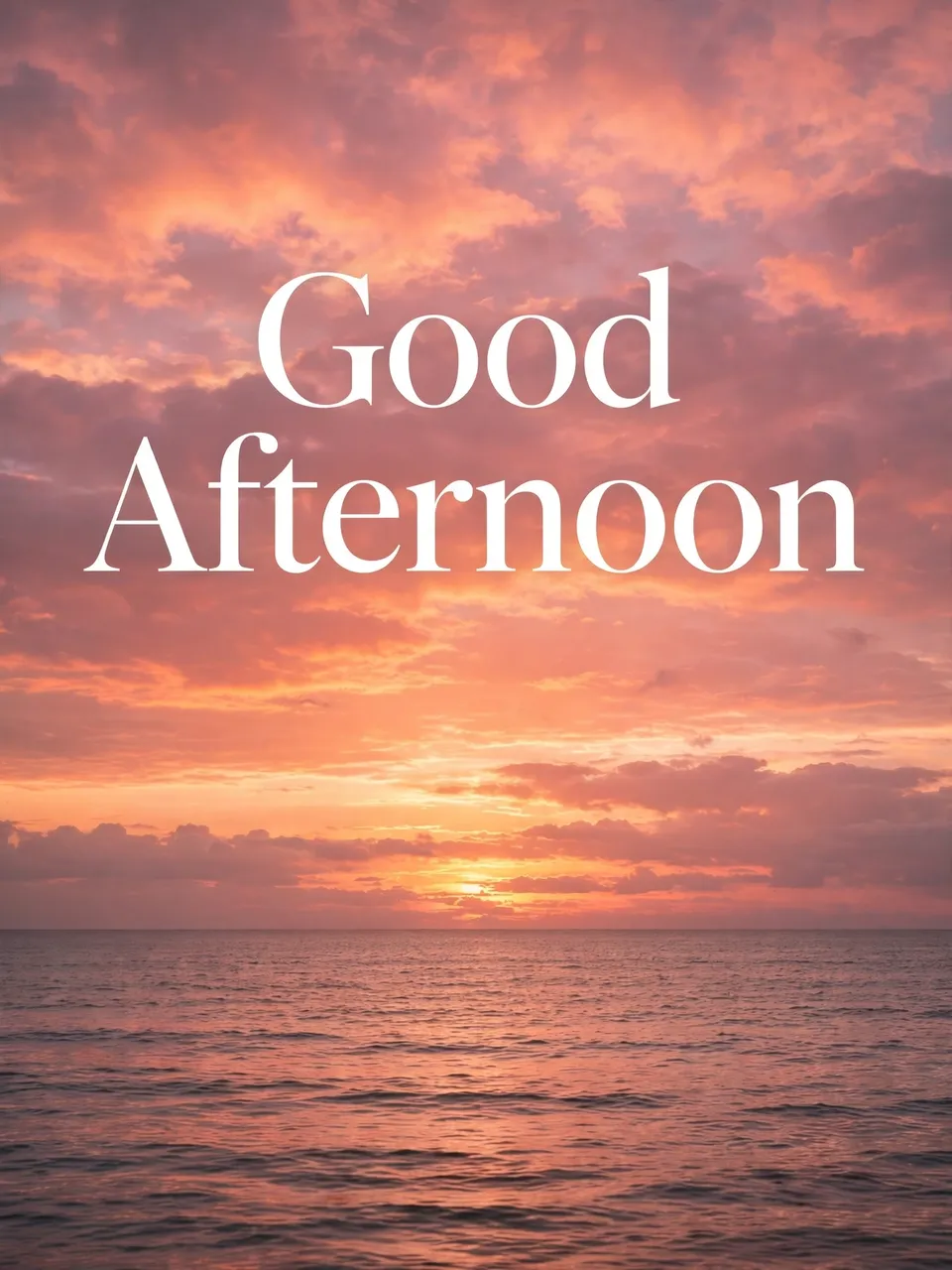 "Good Afternoon" white serif text over a soft pink and orange sunset above a calm sea