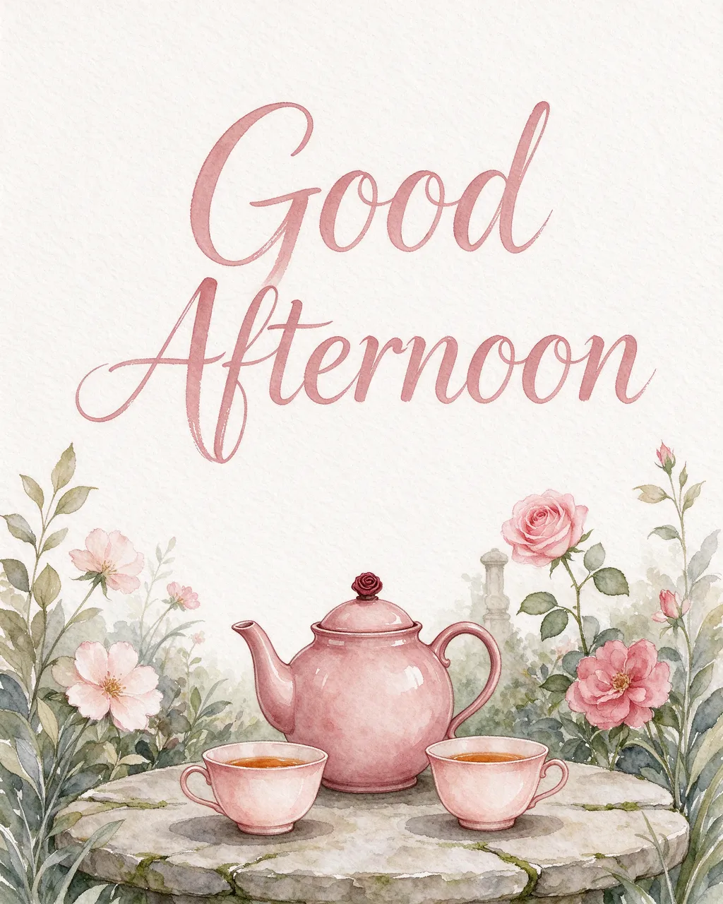 "Good Afternoon" dusty rose brush lettering above a watercolor of a pink teapot and cups on a garden stone table