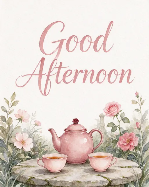 "Good Afternoon" dusty rose brush lettering above a watercolor of a pink teapot and cups on a garden stone table