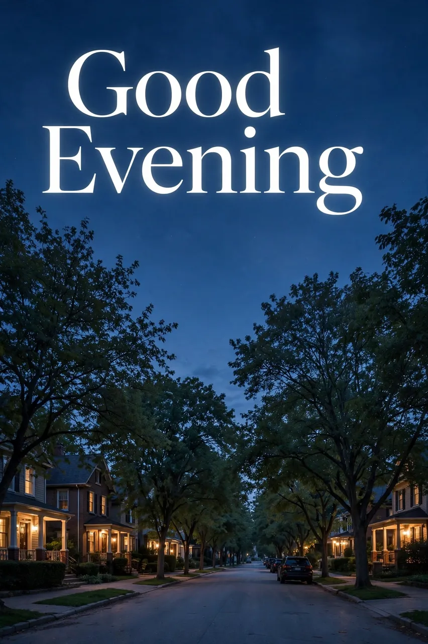 "Good Evening" white serif text over a quiet tree-lined residential street at blue hour dusk