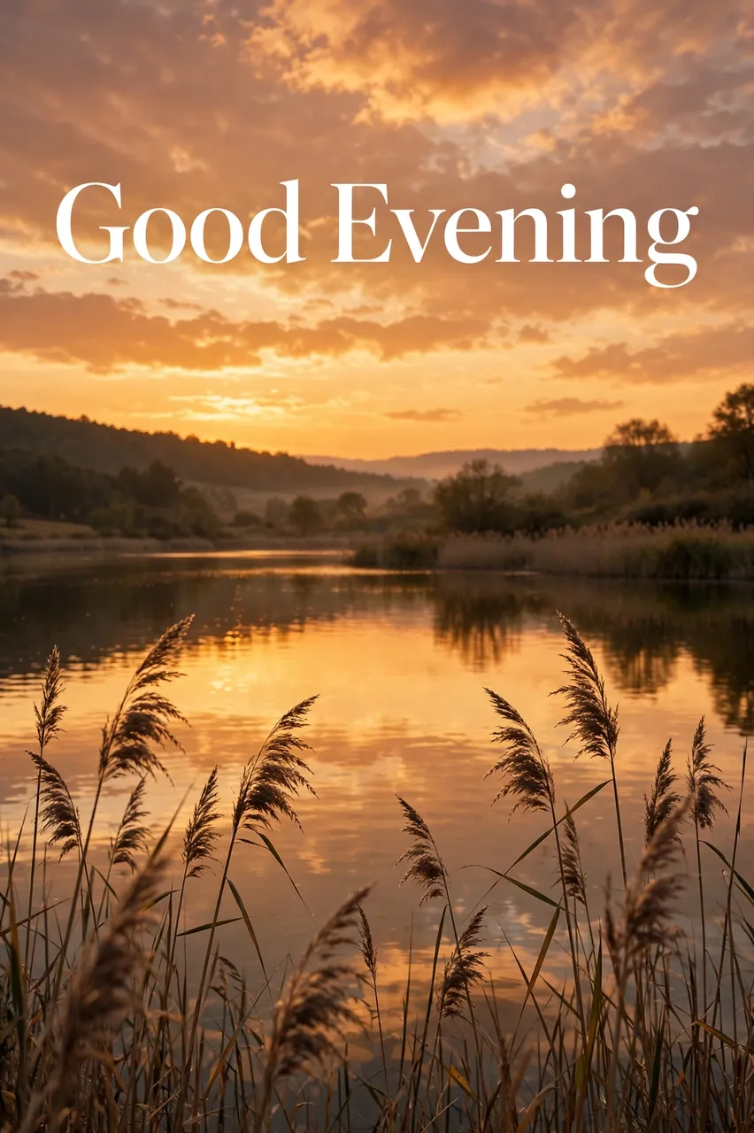 White serif text "Good Evening" over a calm lake with foreground reeds at warm golden hour sunset.