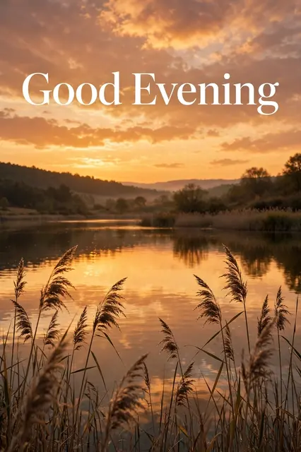 White serif text "Good Evening" over a calm lake with foreground reeds at warm golden hour sunset.