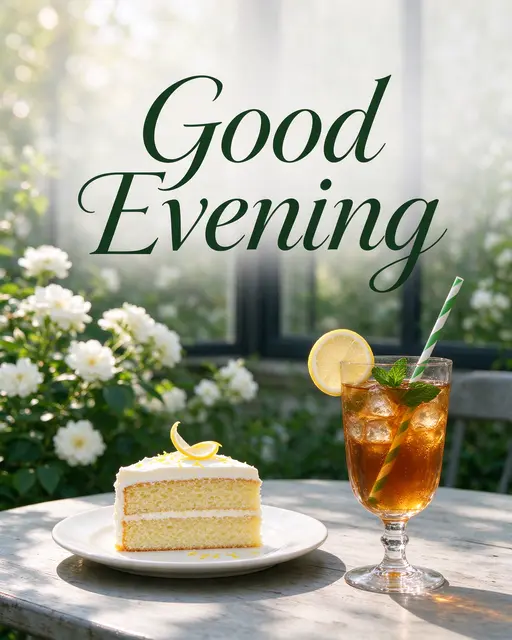 "Good Evening" text over a garden table holding a lemon cake slice and iced tea in warm afternoon sun