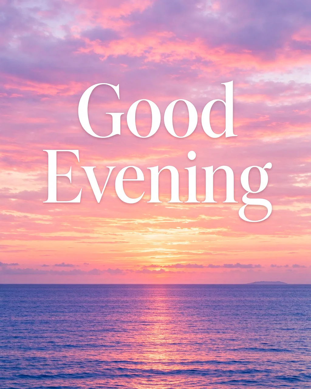 The text "Good Evening" in white serif type over a soft pink and orange sunset above a calm ocean.