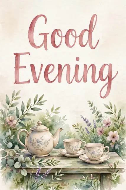 Dusty rose brush lettering reading "Good Evening" sits above a watercolor scene of a teapot, two teacups and garden foliage