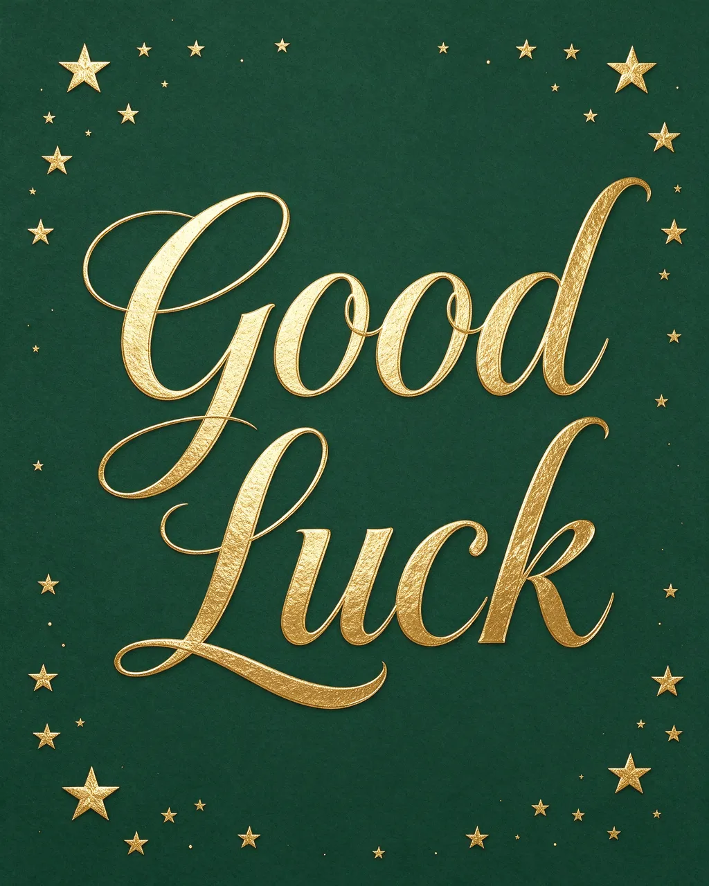"Good Luck" in textured gold script centered on a deep green background with scattered gold stars along the edges