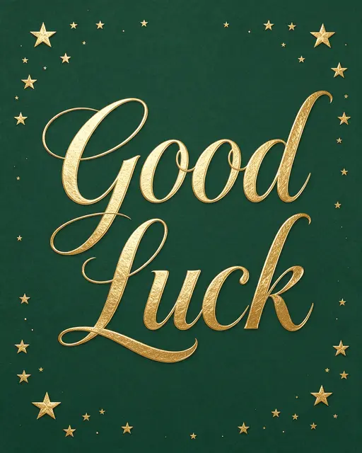 "Good Luck" in textured gold script centered on a deep green background with scattered gold stars along the edges