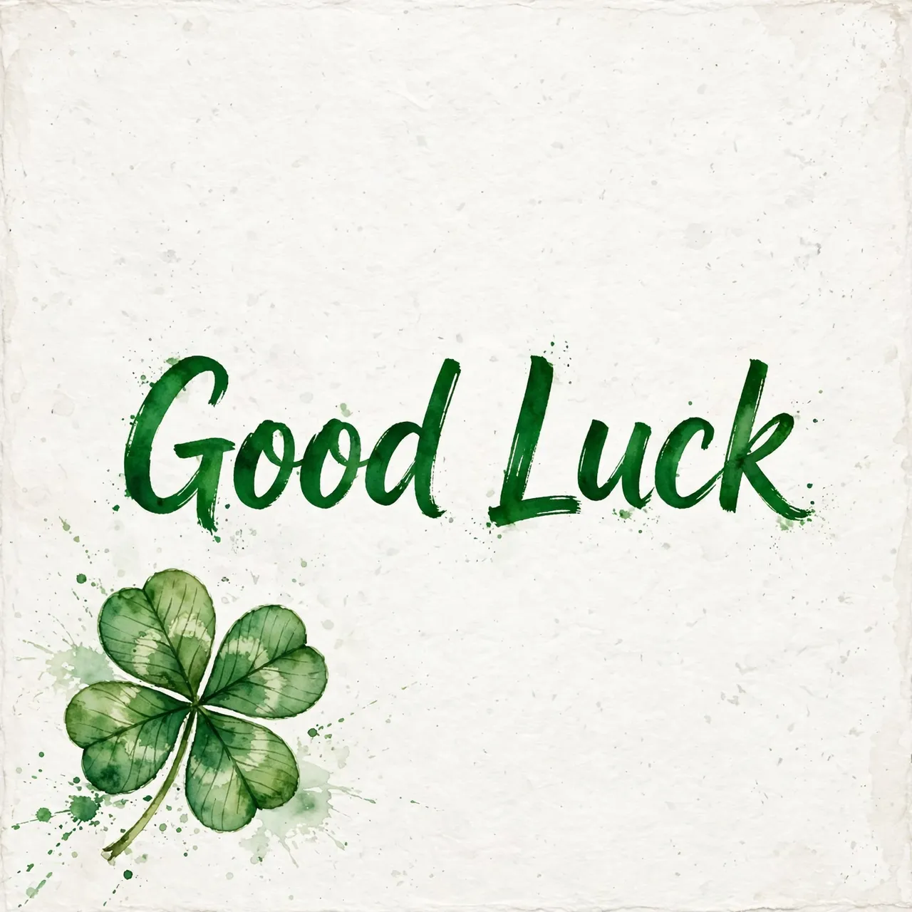 Green watercolor 'Good Luck' brush lettering with a four-leaf clover in the lower left on textured white paper