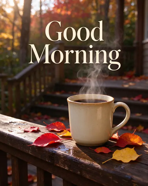 "Good Morning" text sits above a steaming coffee mug surrounded by fall leaves on a wooden porch rail