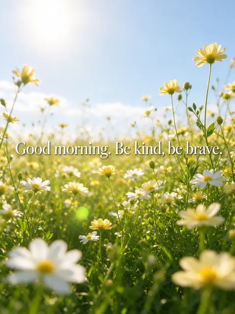 Sunlit out of focus wildflower meadow with white serif quote "Good morning. Be kind, be brave." over the center of the frame.