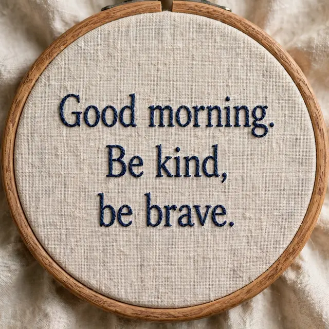 Navy embroidered text reading "Good morning. Be kind, be brave." stitched on natural linen in a wooden embroidery hoop.