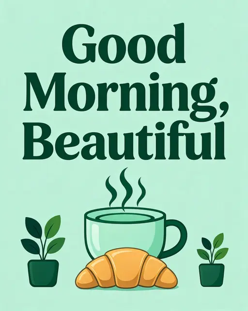 "Good Morning, Beautiful" text above a steaming mug, croissant and small potted plants on a mint green background