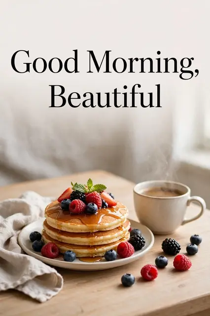 "Good Morning, Beautiful" text sits above a stack of berry-topped pancakes and coffee on a light wooden table