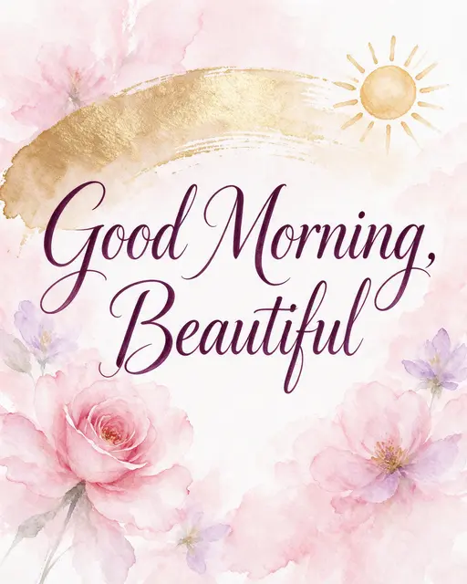 Watercolor illustration with soft pink florals, a corner sun, and centered plum script reading "Good Morning, Beautiful"