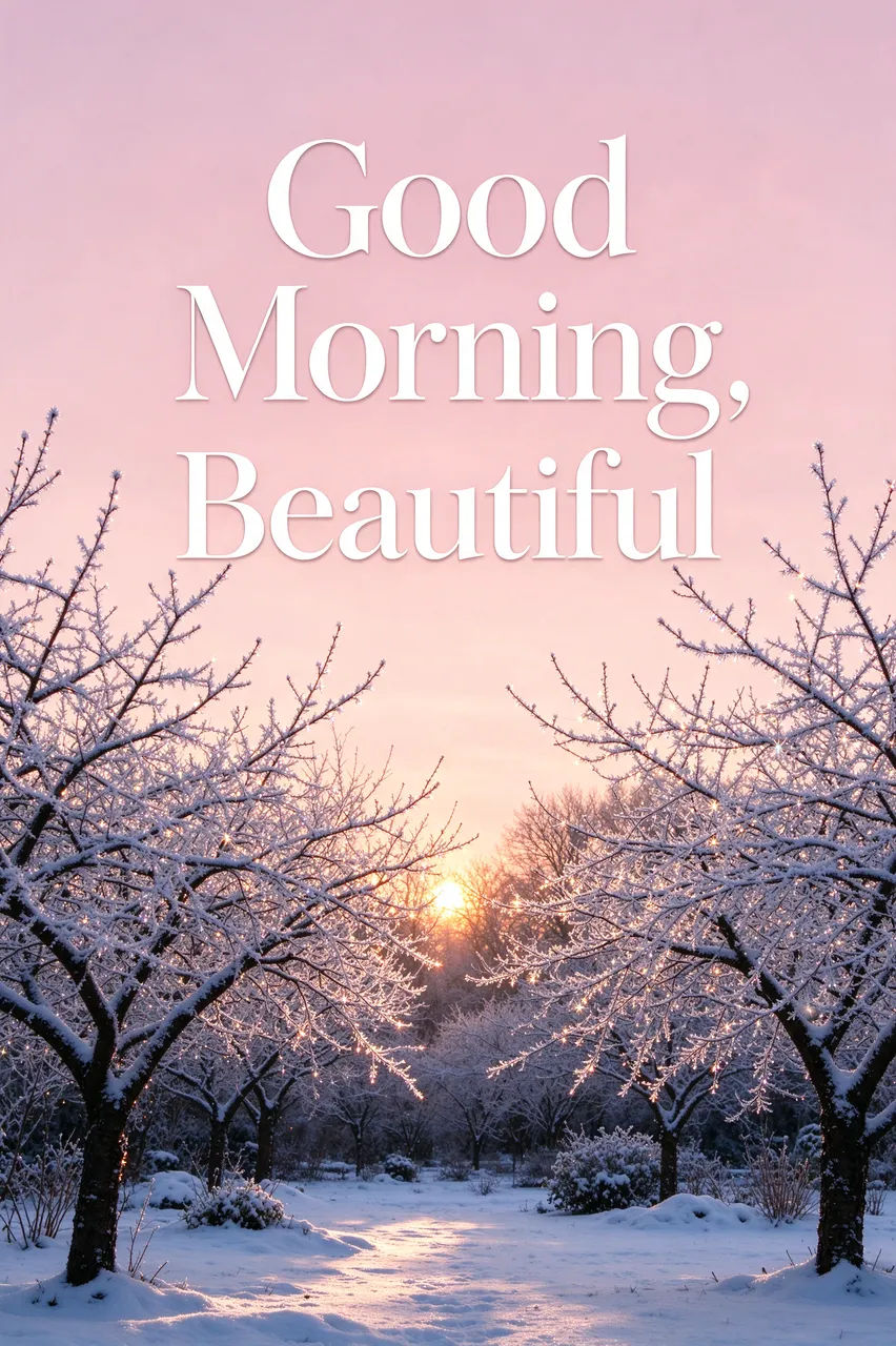 "Good Morning, Beautiful" serif text over a snowy frosty garden at pink sunrise