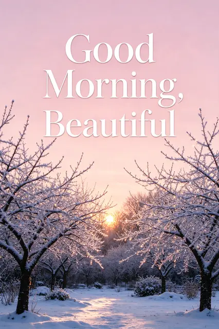 "Good Morning, Beautiful" serif text over a snowy frosty garden at pink sunrise