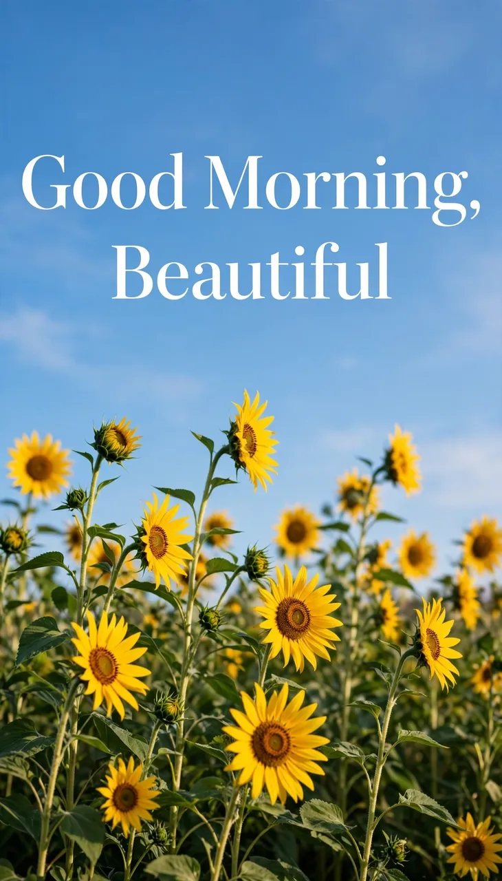 Vertical wallpaper with sunflowers under a clear blue sky featuring the text "Good Morning, Beautiful"