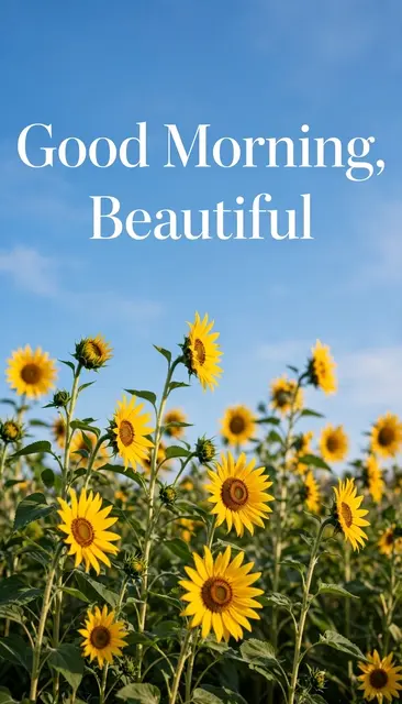 Vertical wallpaper with sunflowers under a clear blue sky featuring the text "Good Morning, Beautiful"