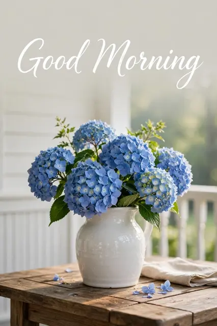 "Good Morning" cursive text sits above blue hydrangeas in a white jug on a sunlit porch table.