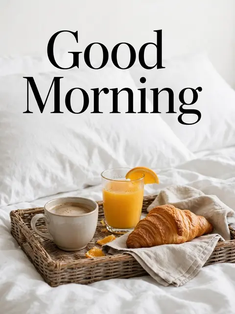 "Good Morning" text over a breakfast tray with coffee, orange juice and croissant on soft white bedding