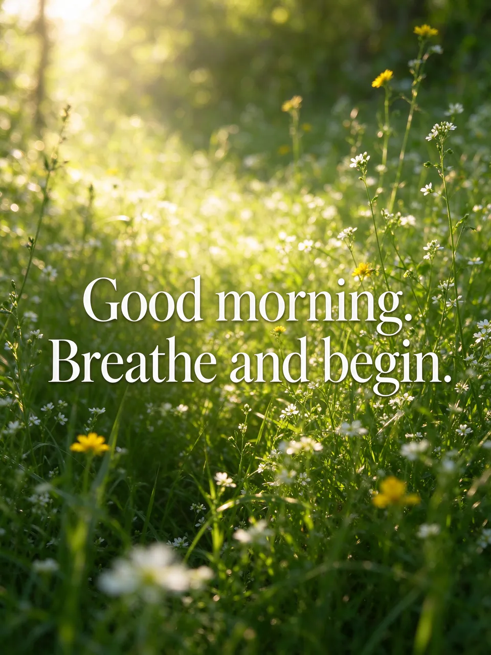 Soft sunlit wildflower meadow background with serif text reading "Good morning. Breathe and begin."