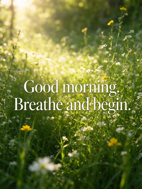 Soft sunlit wildflower meadow background with serif text reading "Good morning. Breathe and begin."