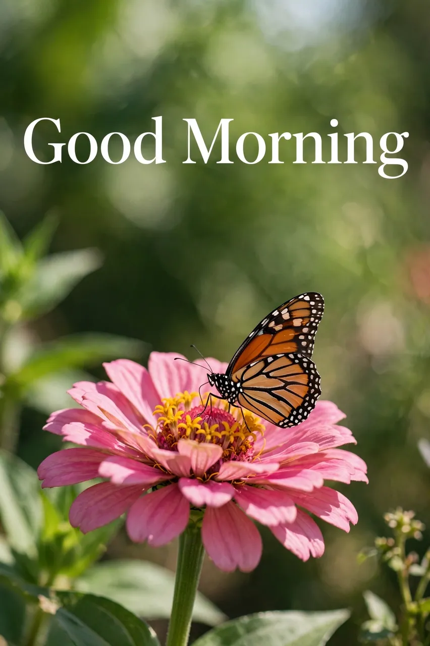 "Good Morning" white serif text sits above a monarch butterfly resting on a pink zinnia against soft green garden bokeh.