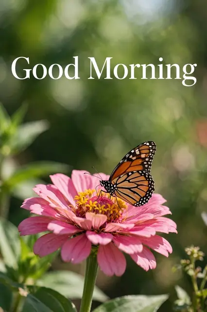"Good Morning" white serif text sits above a monarch butterfly resting on a pink zinnia against soft green garden bokeh.