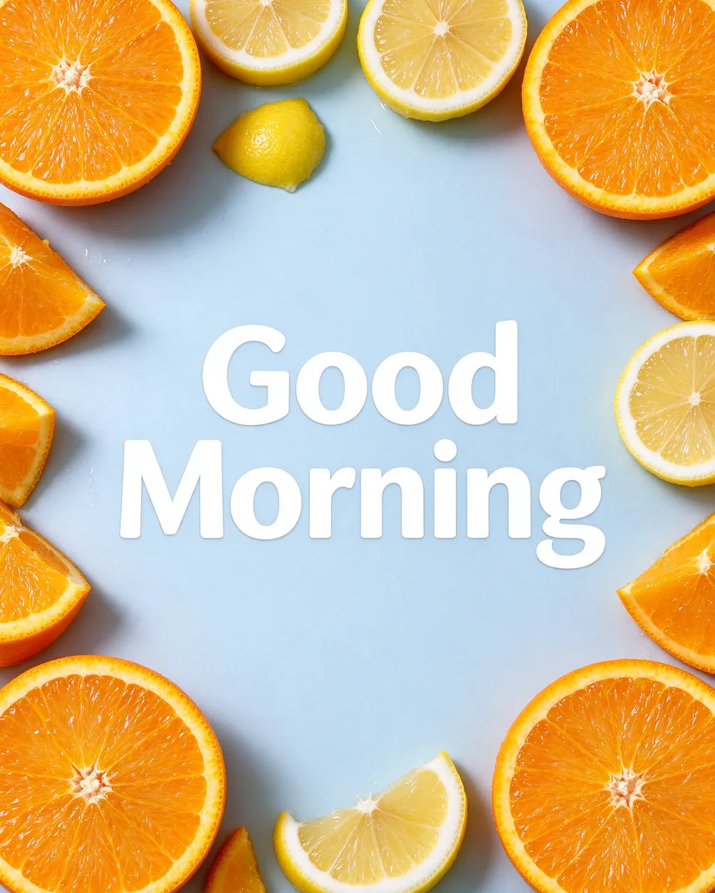 Overhead view of sliced oranges and lemons framing bold white "Good Morning" text on a pale blue surface