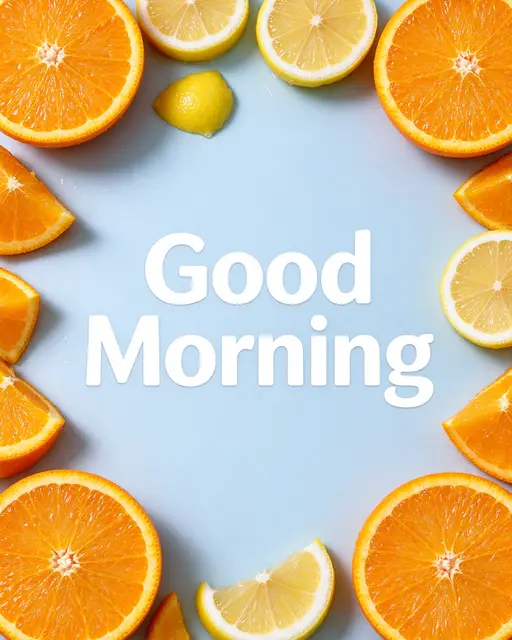 Overhead view of sliced oranges and lemons framing bold white "Good Morning" text on a pale blue surface