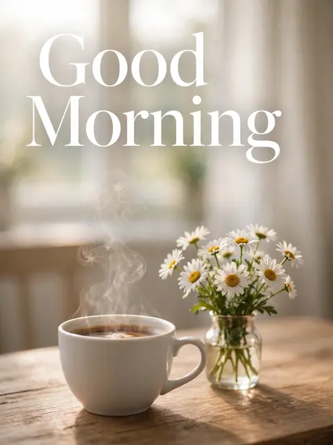 "Good Morning" serif text over a steaming white coffee cup and daisy vase on a sunlit wooden table