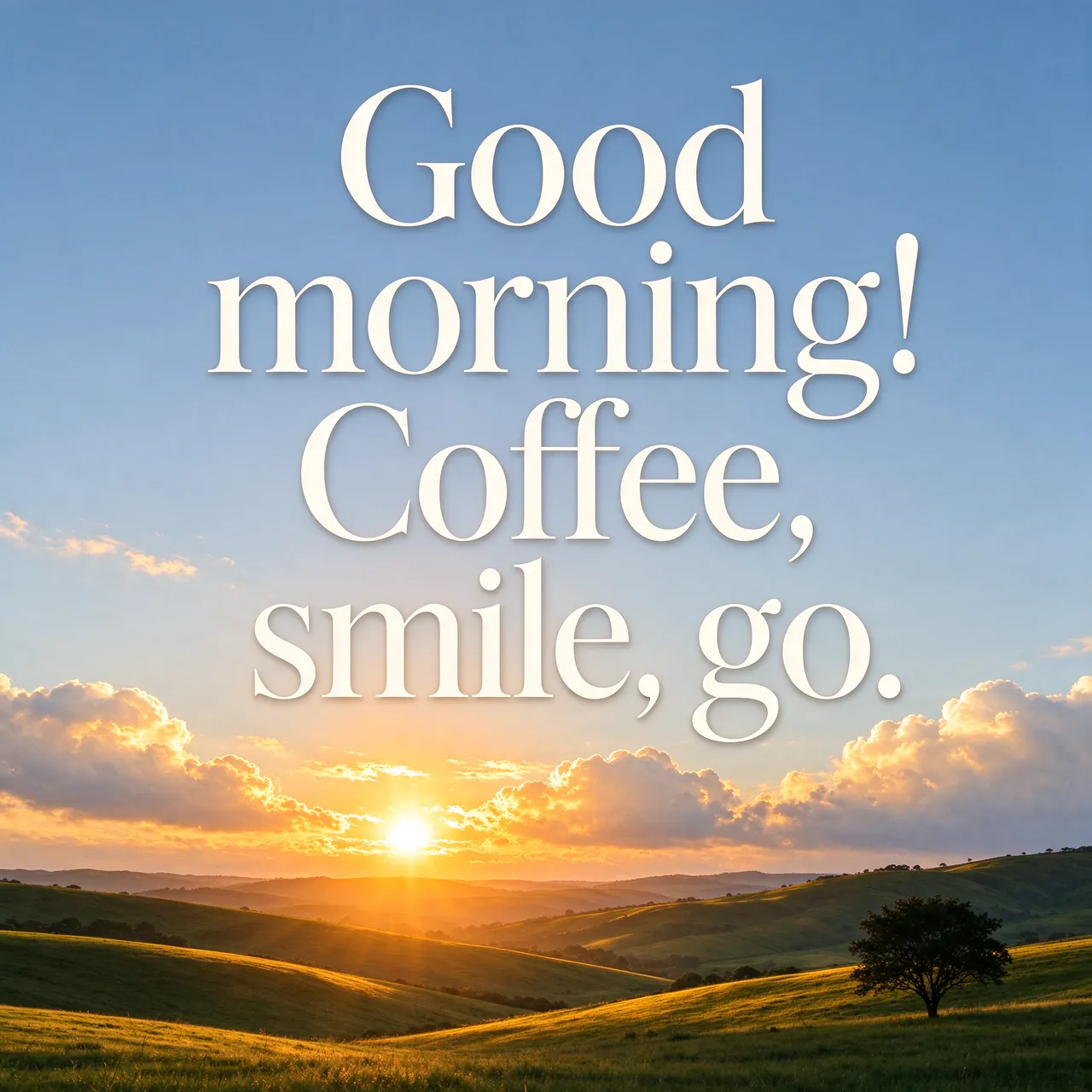 Warm golden sunrise over rolling green hills with large white serif text reading "Good morning! Coffee, smile, go." in the