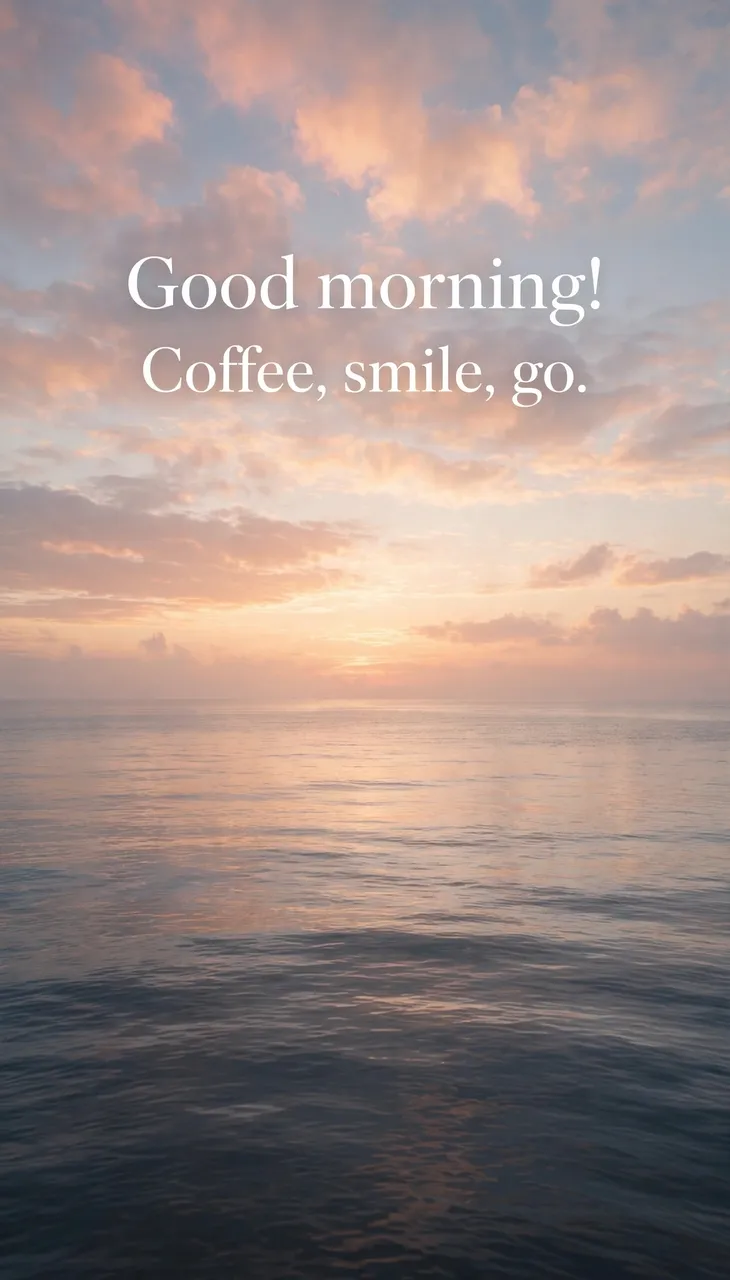Calm ocean sunrise scene with soft serif text reading "Good morning! Coffee, smile, go." in the sky
