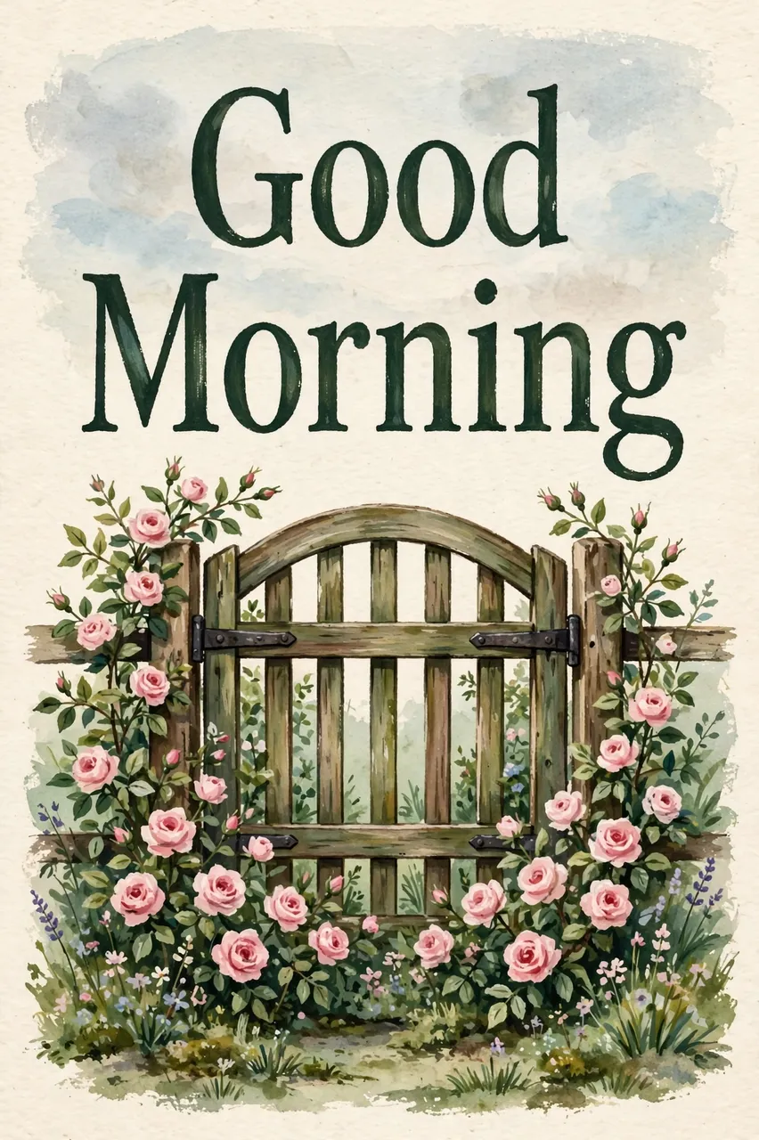 "Good Morning" dark serif text above a wooden cottage gate framed with climbing pink roses on soft pale sky gouache