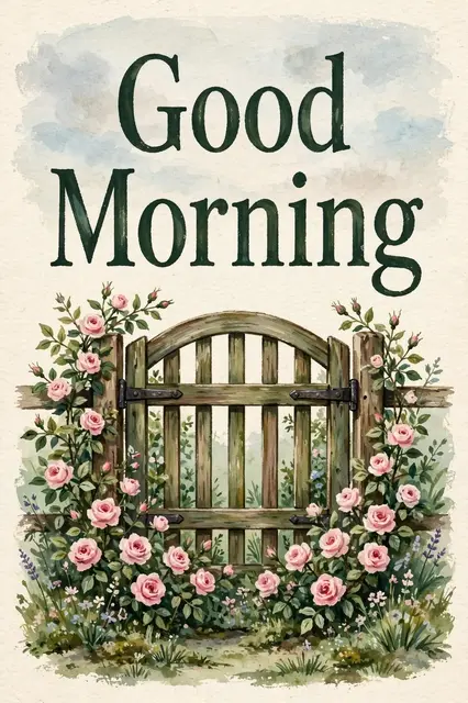 "Good Morning" dark serif text above a wooden cottage gate framed with climbing pink roses on soft pale sky gouache