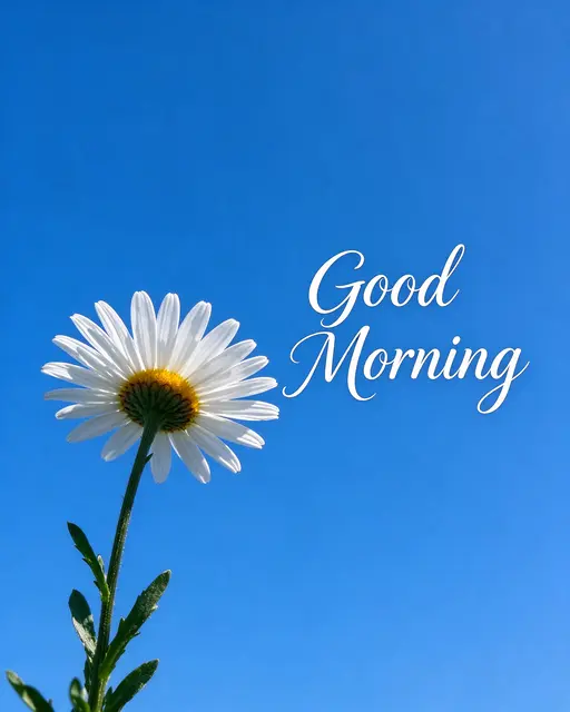 A white daisy against a bright clear blue sky beside elegant white script reading "Good Morning"