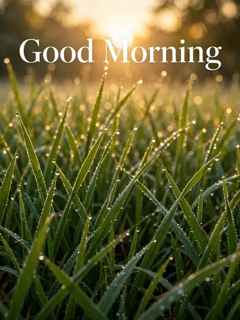 "Good Morning" text over close-up of dewy green grass with soft golden sunrise bokeh