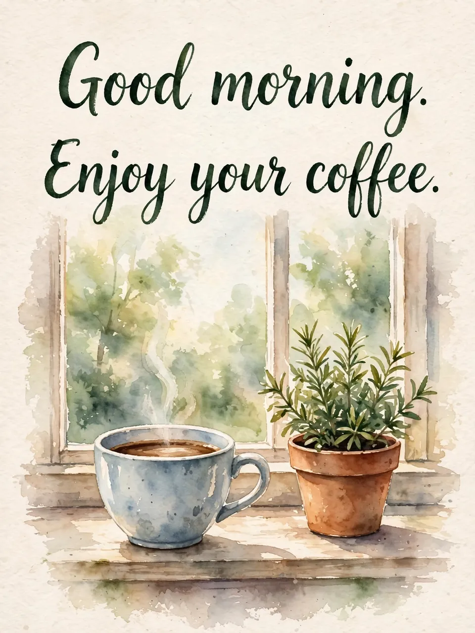 Watercolor of a steaming coffee cup and potted herb on a sunlit windowsill with the text "Good morning. Enjoy your coffee."