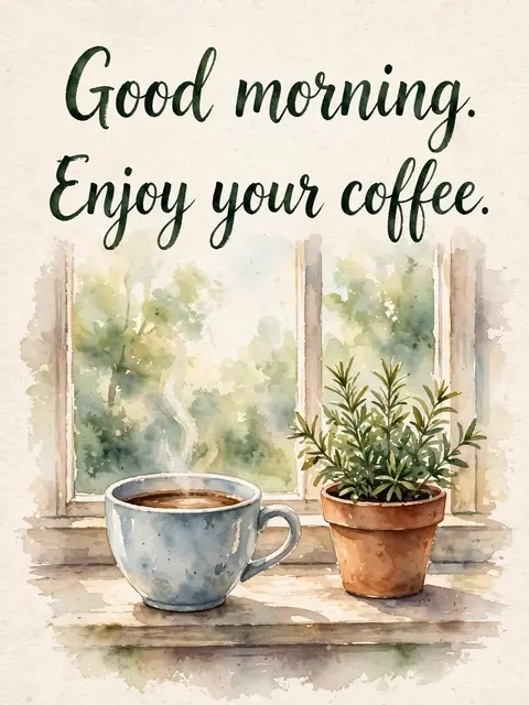 Watercolor of a steaming coffee cup and potted herb on a sunlit windowsill with the text "Good morning. Enjoy your coffee."