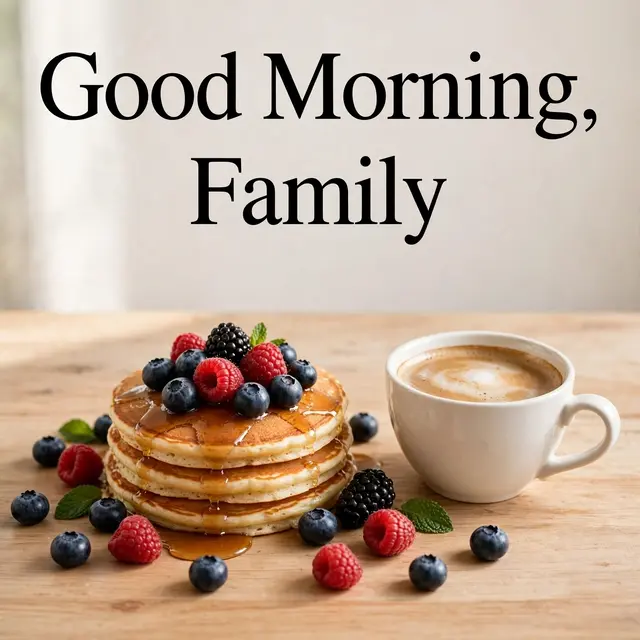 "Good Morning, Family" black serif text sits above a stack of berry-topped pancakes and coffee on a light wood table.