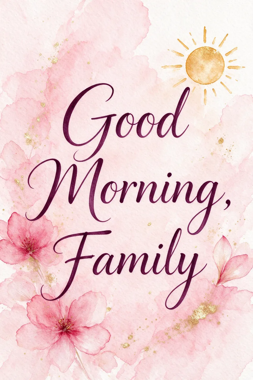 "Good Morning, Family" in dark plum script on a soft pink watercolor background with a gold sun in the top corner