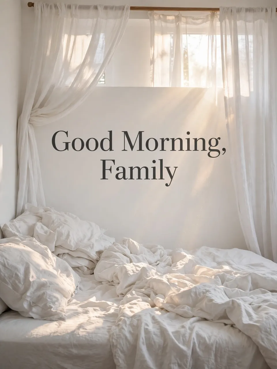 "Good Morning, Family" text on a sunlit white wall above rumpled bed linen and sheer curtains.