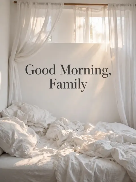 "Good Morning, Family" text on a sunlit white wall above rumpled bed linen and sheer curtains.