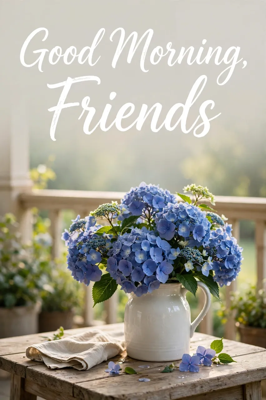 "Good Morning, Friends" script text above blue hydrangeas in a white jug on a sunlit porch table